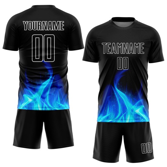 Maillot de football personnalisé à sublimation flamme noire, blanc Maillot de football personnalisé à sublimation flamme noire, blanc