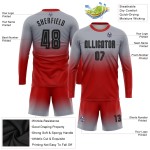 Maillot de football gris personnalisé à manches longues, noir et rouge, à sublimation Maillot de football gris personnalisé à manches longues, noir et rouge, à sublimation
