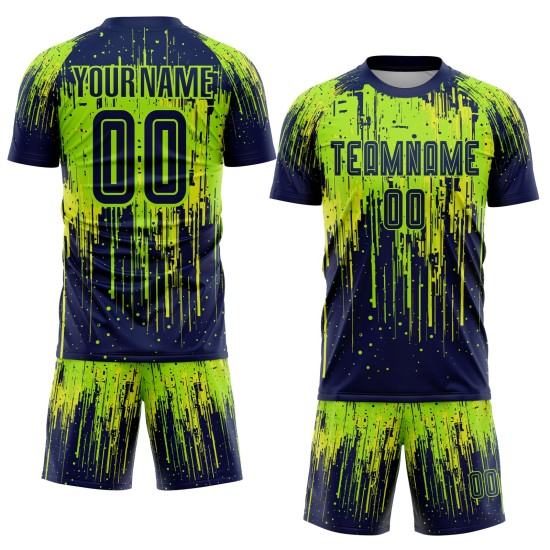 Maillot de football personnalisé jaune fluo, bleu marine et vert fluo, par sublimation Maillot de football personnalisé jaune fluo, bleu marine et vert fluo, par sublimation