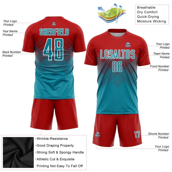 Maillot de football personnalisé rouge, bleu sarcelle et blanc, sublimation Maillot de football personnalisé rouge, bleu sarcelle et blanc, sublimation