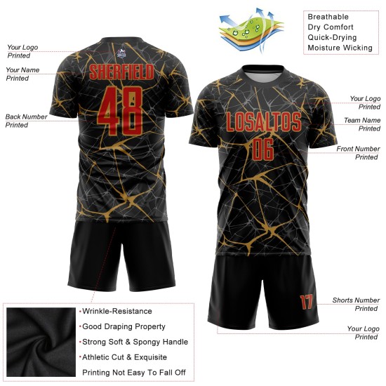 Maillot de football personnalisé rouge doré, ancien, noir, sublimation Maillot de football personnalisé rouge doré, ancien, noir, sublimation