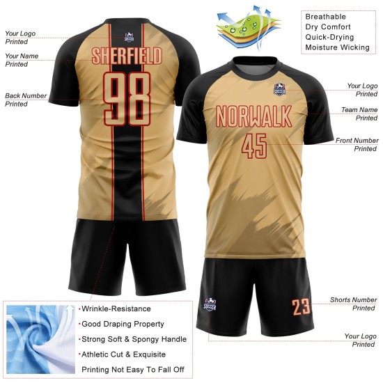 Maillot de football personnalisé à sublimation, motif uniforme doré, noir et rouge Maillot de football personnalisé à sublimation, motif uniforme doré, noir et rouge