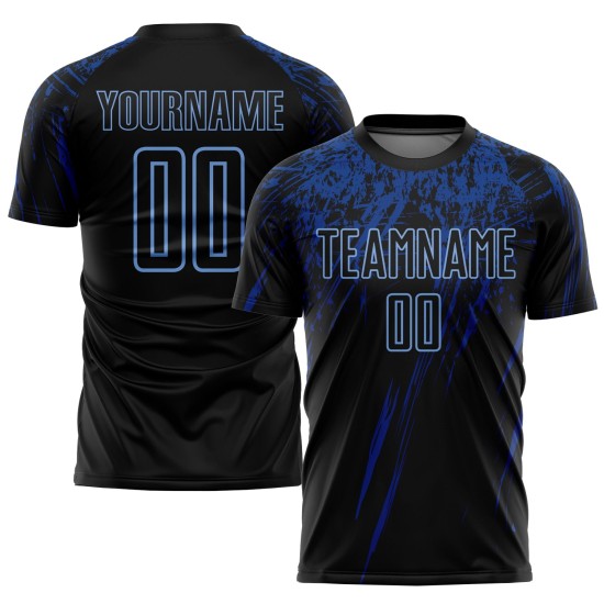 Maillot de football personnalisé à sublimation bleu royal, noir clair Maillot de football personnalisé à sublimation bleu royal, noir clair