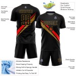 Maillot de football sublimé noir, rouge et ancien, lignes personnalisées, uniforme, diagonale dorée Maillot de football sublimé noir, rouge et ancien, lignes personnalisées, uniforme, diagonale dorée
