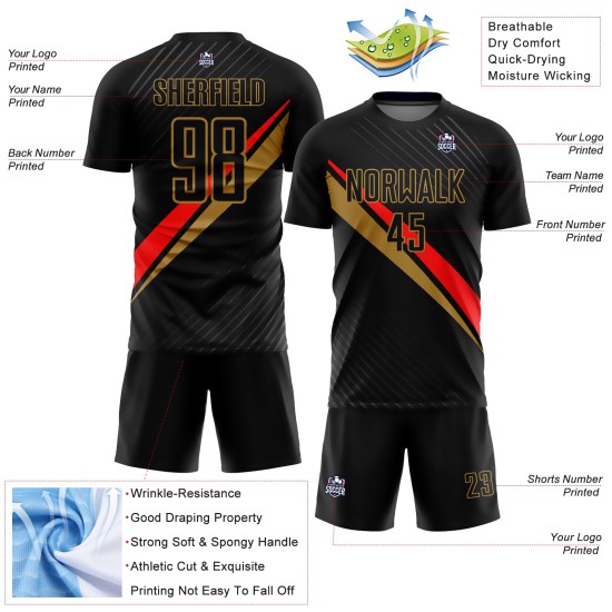 Maillot de football sublimé noir, rouge et ancien, lignes personnalisées, uniforme, diagonale dorée Maillot de football sublimé noir, rouge et ancien, lignes personnalisées, uniforme, diagonale dorée