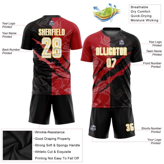 Maillot de football noir rouge-jaune à rayures, motif personnalisé, sublimation blanche, graffiti
