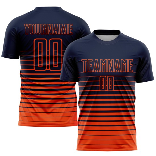Maillot de football sublimé orange à rayures fines bleu marine Maillot de football sublimé orange à rayures fines bleu marine