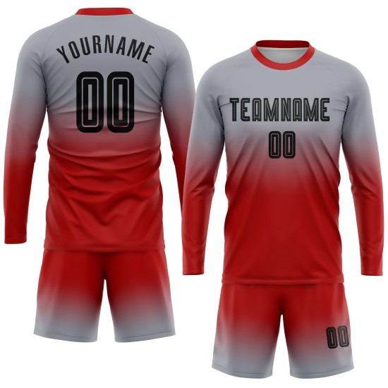 Maillot de football gris personnalisé à manches longues, noir et rouge, à sublimation Maillot de football gris personnalisé à manches longues, noir et rouge, à sublimation