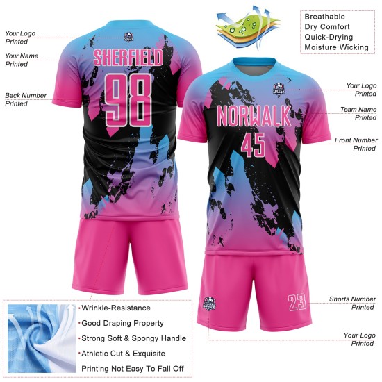 Maillot de football bleu-noir sublimé rose ciel, uniforme personnalisé Splash Maillot de football bleu-noir sublimé rose ciel, uniforme personnalisé Splash