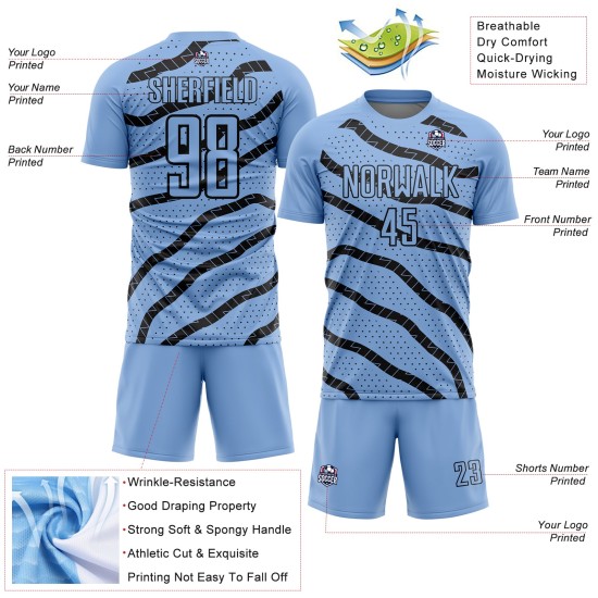 Maillot de football à pois noirs bleu clair, lignes uniformes, sublimation personnalisée et Maillot de football à pois noirs bleu clair, lignes uniformes, sublimation personnalisée et