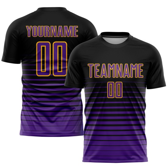 Maillot de football à rayures fines violet-or noir personnalisé par sublimation Maillot de football à rayures fines violet-or noir personnalisé par sublimation