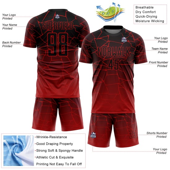 Maillot de football noir et rouge, sublimation, lignes personnalisées, uniforme Maillot de football noir et rouge, sublimation, lignes personnalisées, uniforme