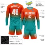 Maillot de football à manches longues, blanc et bleu, à sublimation, personnalisé, orange Maillot de football à manches longues, blanc et bleu, à sublimation, personnalisé, orange