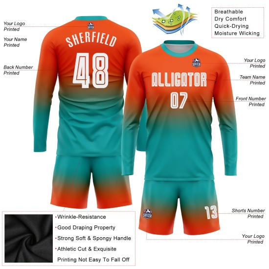 Maillot de football à manches longues, blanc et bleu, à sublimation, personnalisé, orange Maillot de football à manches longues, blanc et bleu, à sublimation, personnalisé, orange