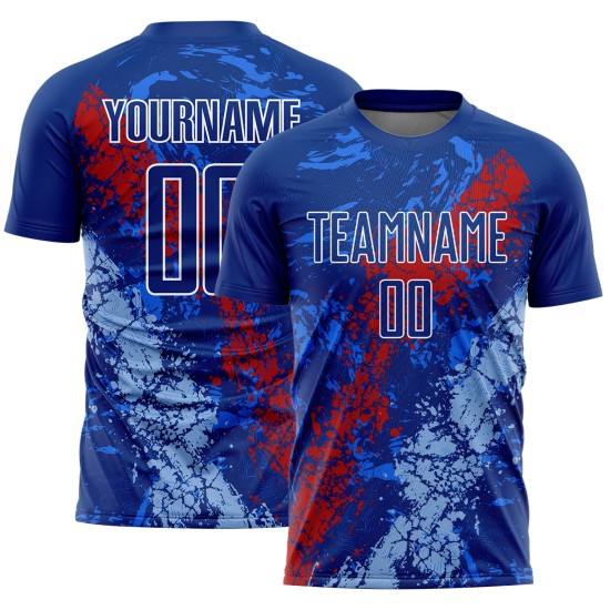 Maillot de football Royal Dripping bleu personnalisé avec sublimation et éclaboussures de lumière rouge Maillot de football Royal Dripping bleu personnalisé avec sublimation et éclaboussures de lumière rouge