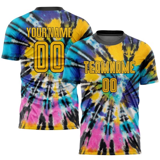 Maillot de football personnalisé par sublimation, teinture or-noir Maillot de football personnalisé par sublimation, teinture or-noir