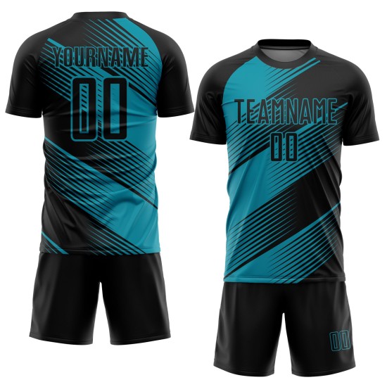 Maillot de football personnalisé par sublimation noir sarcelle Maillot de football personnalisé par sublimation noir sarcelle