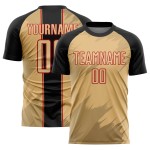 Maillot de football personnalisé à sublimation, motif uniforme doré, noir et rouge Maillot de football personnalisé à sublimation, motif uniforme doré, noir et rouge