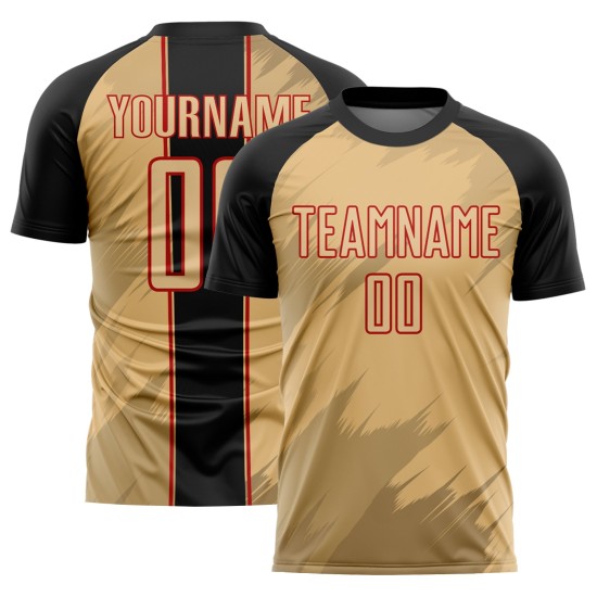 Maillot de football personnalisé à sublimation, motif uniforme doré, noir et rouge Maillot de football personnalisé à sublimation, motif uniforme doré, noir et rouge