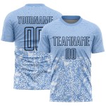 Maillot de football bleu clair uniforme personnalisé à formes géométriques par sublimation noire Maillot de football bleu clair uniforme personnalisé à formes géométriques par sublimation noire