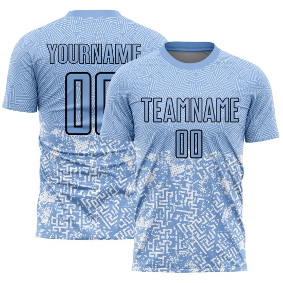 Maillot de football bleu clair uniforme personnalisé à formes géométriques par sublimation noire Maillot de football bleu clair uniforme personnalisé à formes géométriques par sublimation noire
