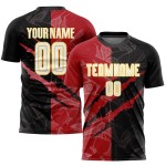Maillot de football noir rouge-jaune à rayures, motif personnalisé, sublimation blanche, graffiti