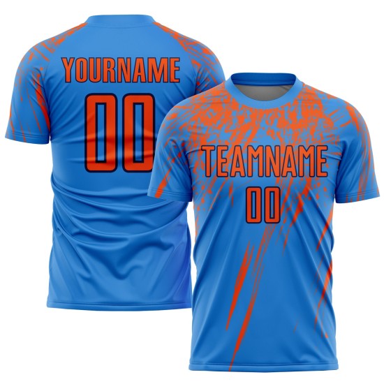 Maillot de football personnalisé par sublimation orange-bleu marine, uniforme de football bleu poudre Maillot de football personnalisé par sublimation orange-bleu marine, uniforme de football bleu poudre