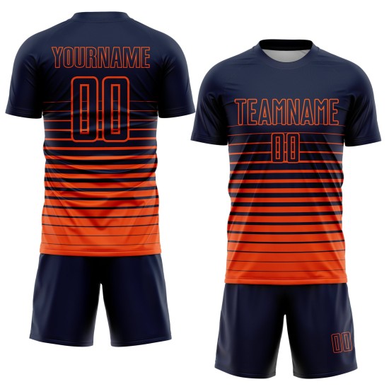 Maillot de football sublimé orange à rayures fines bleu marine Maillot de football sublimé orange à rayures fines bleu marine