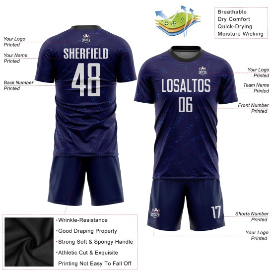 Maillot de football personnalisé violet, blanc foncé et noir, par sublimation Maillot de football personnalisé violet, blanc foncé et noir, par sublimation