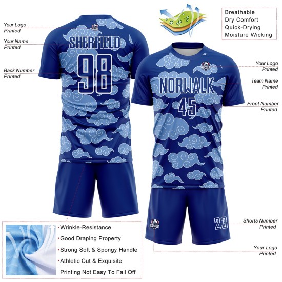 Maillot de football Royal Cloud, modèle uniforme personnalisé par sublimation blanche Maillot de football Royal Cloud, modèle uniforme personnalisé par sublimation blanche