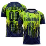 Maillot de football personnalisé jaune fluo, bleu marine et vert fluo, par sublimation Maillot de football personnalisé jaune fluo, bleu marine et vert fluo, par sublimation