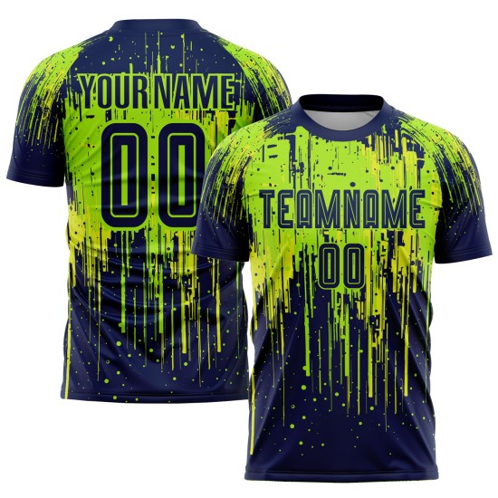 Maillot de football personnalisé jaune fluo, bleu marine et vert fluo, par sublimation Maillot de football personnalisé jaune fluo, bleu marine et vert fluo, par sublimation