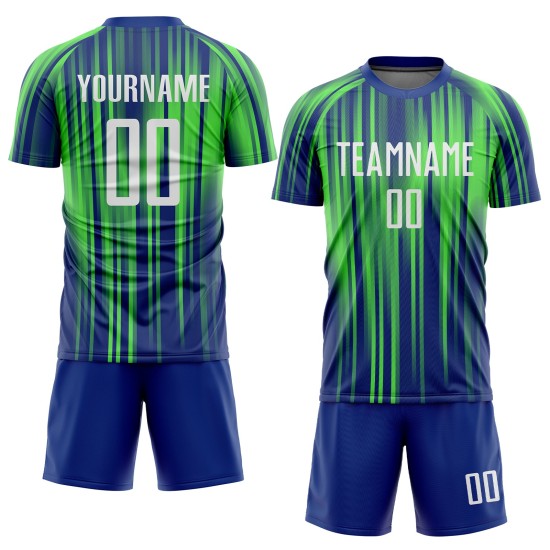 Maillot de football personnalisé par sublimation, blanc et vert royal fluo Maillot de football personnalisé par sublimation, blanc et vert royal fluo