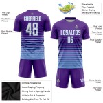Maillot de football à sublimation, dégradé, rayures fines, bleu, uniforme personnalisé, violet, blanc et clair Maillot de football à sublimation, dégradé, rayures fines, bleu, uniforme personnalisé, violet, blanc et clair