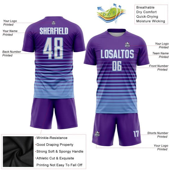Maillot de football à sublimation, dégradé, rayures fines, bleu, uniforme personnalisé, violet, blanc et clair Maillot de football à sublimation, dégradé, rayures fines, bleu, uniforme personnalisé, violet, blanc et clair