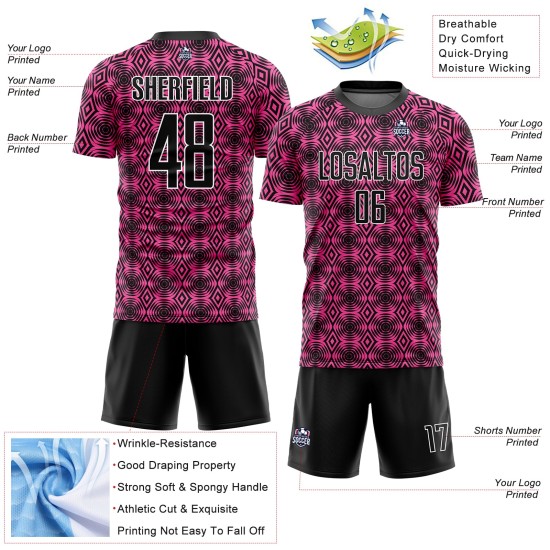 Maillot de football rose géométrique noir et blanc, formes de sublimation personnalisées Maillot de football rose géométrique noir et blanc, formes de sublimation personnalisées
