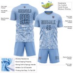 Maillot de football bleu clair uniforme personnalisé à formes géométriques par sublimation noire Maillot de football bleu clair uniforme personnalisé à formes géométriques par sublimation noire
