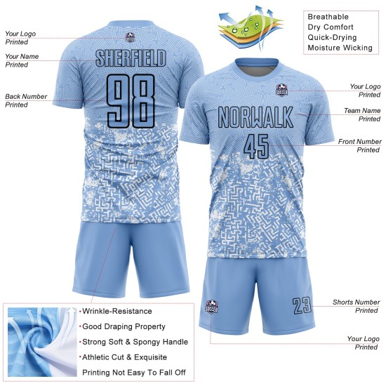 Maillot de football bleu clair uniforme personnalisé à formes géométriques par sublimation noire Maillot de football bleu clair uniforme personnalisé à formes géométriques par sublimation noire