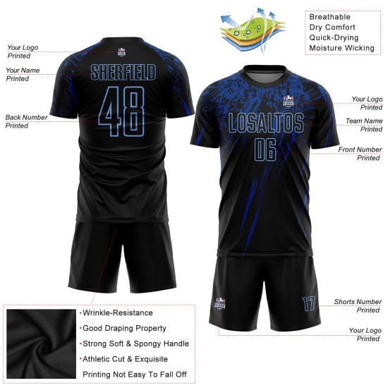 Maillot de football personnalisé à sublimation bleu royal, noir clair Maillot de football personnalisé à sublimation bleu royal, noir clair