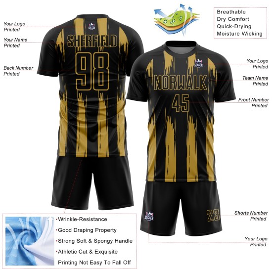 Maillot de football personnalisé à rayures noires et dorées abstraites Maillot de football personnalisé à rayures noires et dorées abstraites