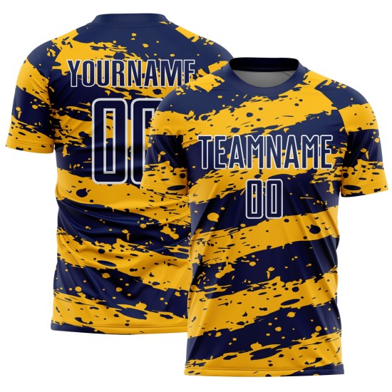 Maillot de football personnalisé à sublimation or-blanc Splash Navy Maillot de football personnalisé à sublimation or-blanc Splash Navy