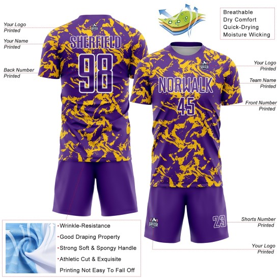 Maillot de football à sublimation, uniforme fluide abstrait or-blanc violet personnalisé Maillot de football à sublimation, uniforme fluide abstrait or-blanc violet personnalisé