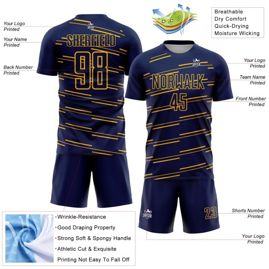 Maillot de football bleu marine personnalisé, lignes de sublimation jaune Maillot de football bleu marine personnalisé, lignes de sublimation jaune