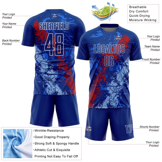 Maillot de football Royal Dripping bleu personnalisé avec sublimation et éclaboussures de lumière rouge Maillot de football Royal Dripping bleu personnalisé avec sublimation et éclaboussures de lumière rouge