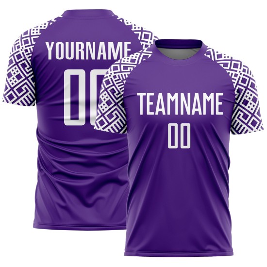 Maillot de football blanc à motif géométrique violet personnalisé par sublimation Maillot de football blanc à motif géométrique violet personnalisé par sublimation