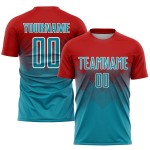 Maillot de football personnalisé rouge, bleu sarcelle et blanc, sublimation Maillot de football personnalisé rouge, bleu sarcelle et blanc, sublimation