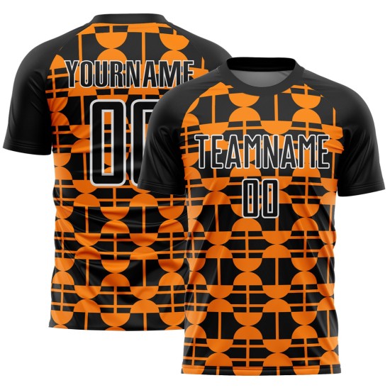 Maillot de football personnalisé à sublimation, motif géométrique, orange et blanc, noir Maillot de football personnalisé à sublimation, motif géométrique, orange et blanc, noir