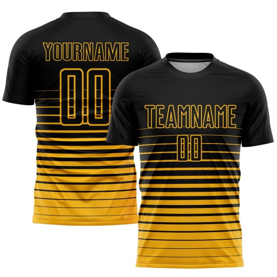 Maillot de football noir délavé, uniforme de mode par sublimation, rayures dorées personnalisées Maillot de football noir délavé, uniforme de mode par sublimation, rayures dorées personnalisées