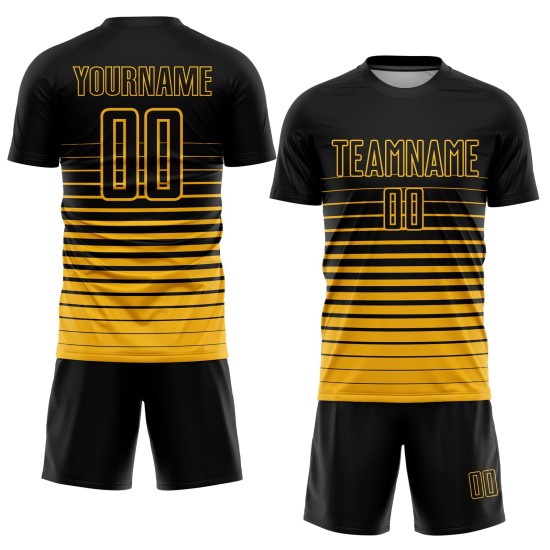 Maillot de football noir délavé, uniforme de mode par sublimation, rayures dorées personnalisées Maillot de football noir délavé, uniforme de mode par sublimation, rayures dorées personnalisées