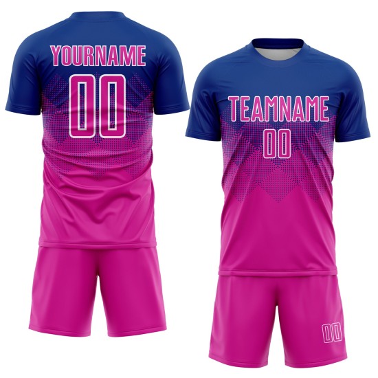 Maillot de football personnalisé rose et blanc profond, uniforme royal sublimé Maillot de football personnalisé rose et blanc profond, uniforme royal sublimé